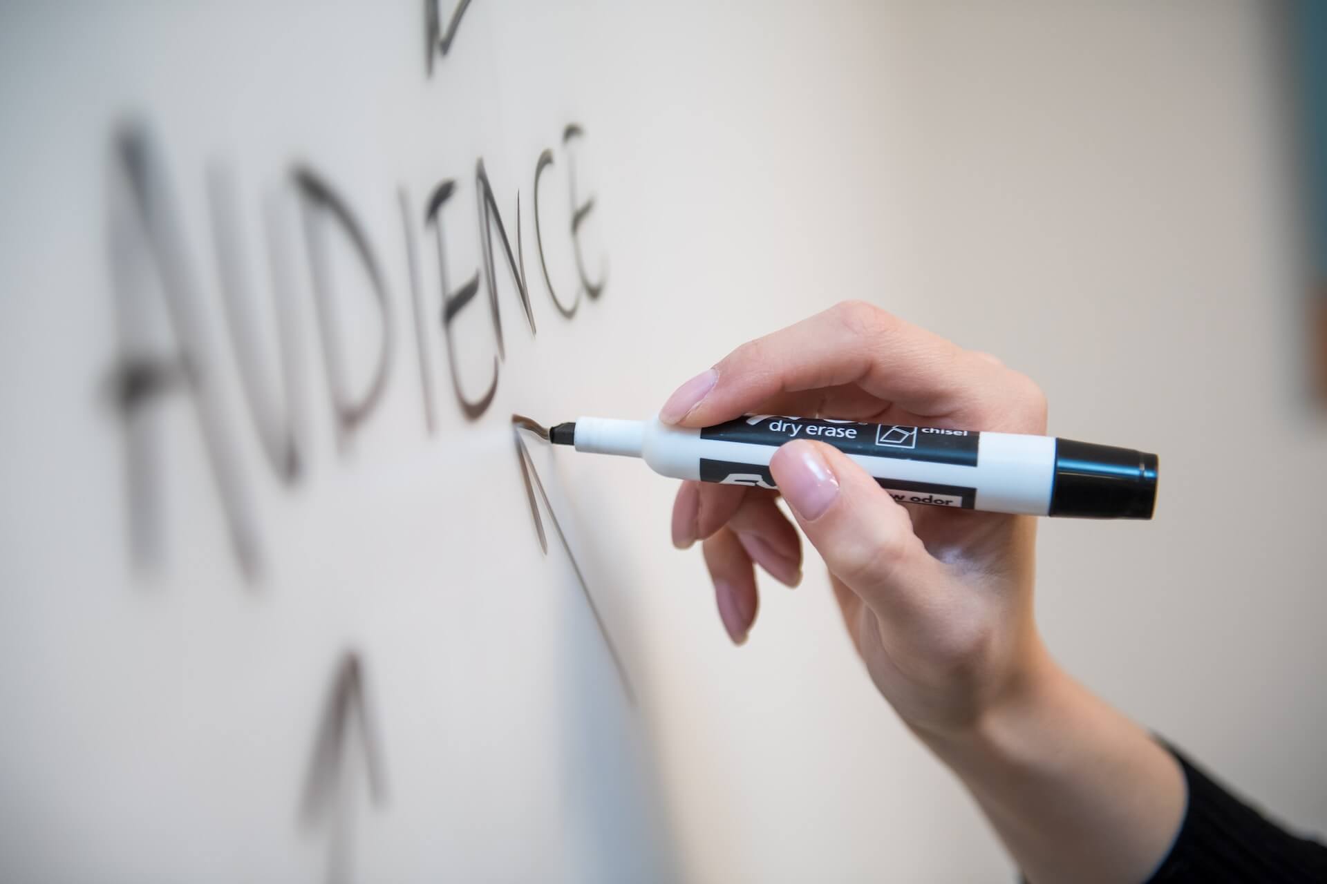Person writing 'audience' on the board 